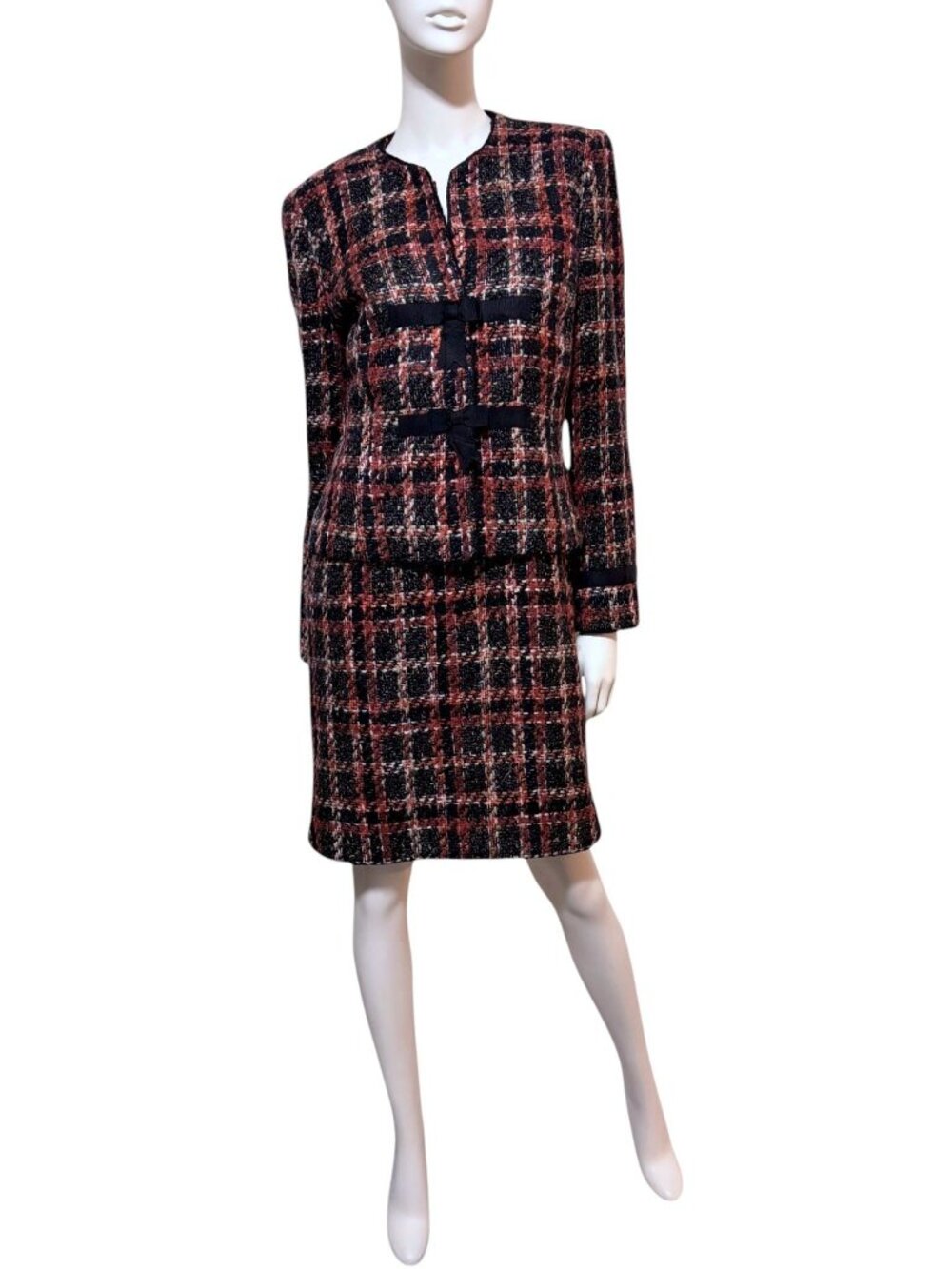 Vintage Y2K Tweed Dress Suit 8 Crop Jacket Sleeveless Dress Bows Office Siren